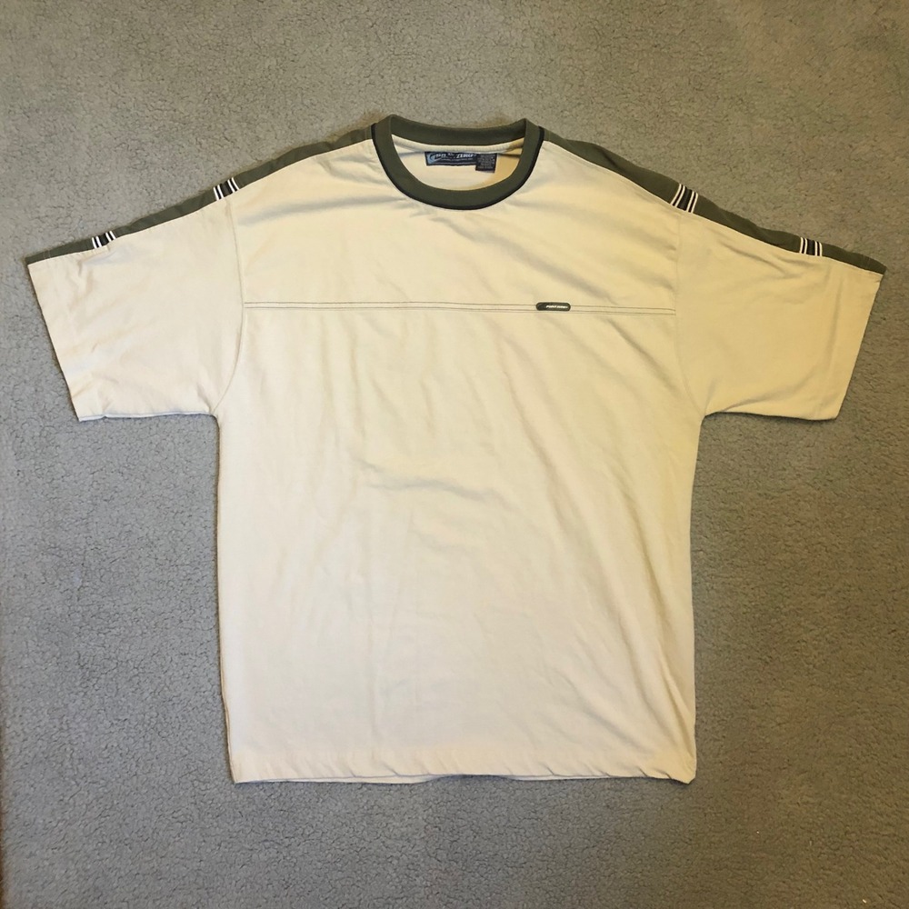 Point Zero Mens XL T-Shirt Cream Olive Green Striped Shoulder Y2K Streetwear Tee